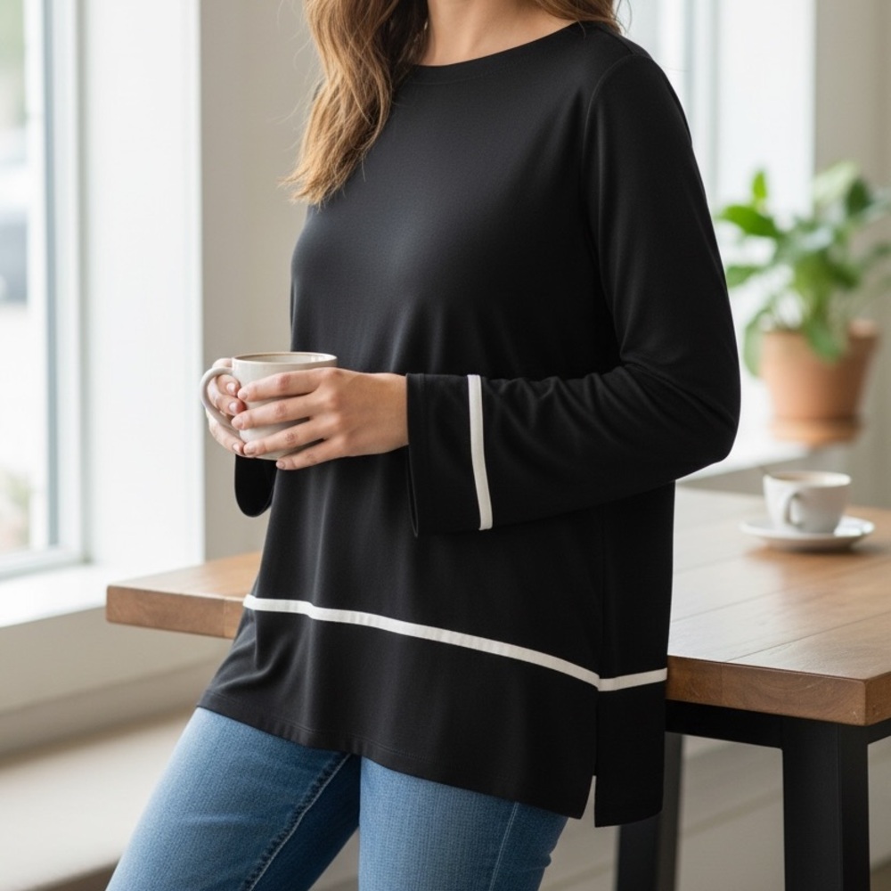 Talbots Black Long Sleeve Top with White Stripe Detail Size M